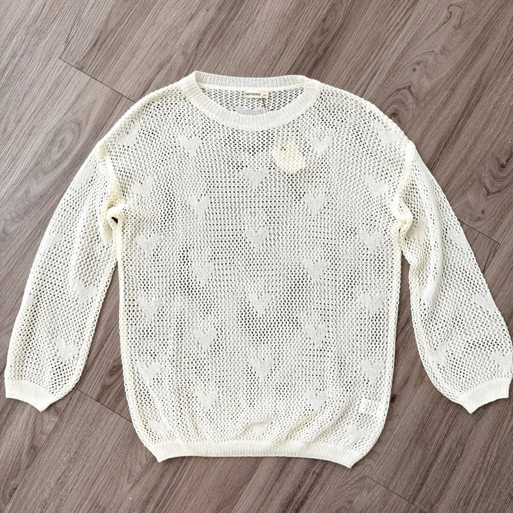 Open Knit Heart Crotchet Sweater Ivory‎ Womens Medium Coastal Beach Layer Sheer